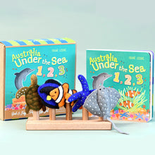 Load image into Gallery viewer, Tara Treasures Australia Under the Sea 1, 2, 3 by Frané Lessac Book and Finger Puppet Set
