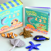 Load image into Gallery viewer, Tara Treasures Australia Under the Sea 1, 2, 3 by Frané Lessac Book and Finger Puppet Set
