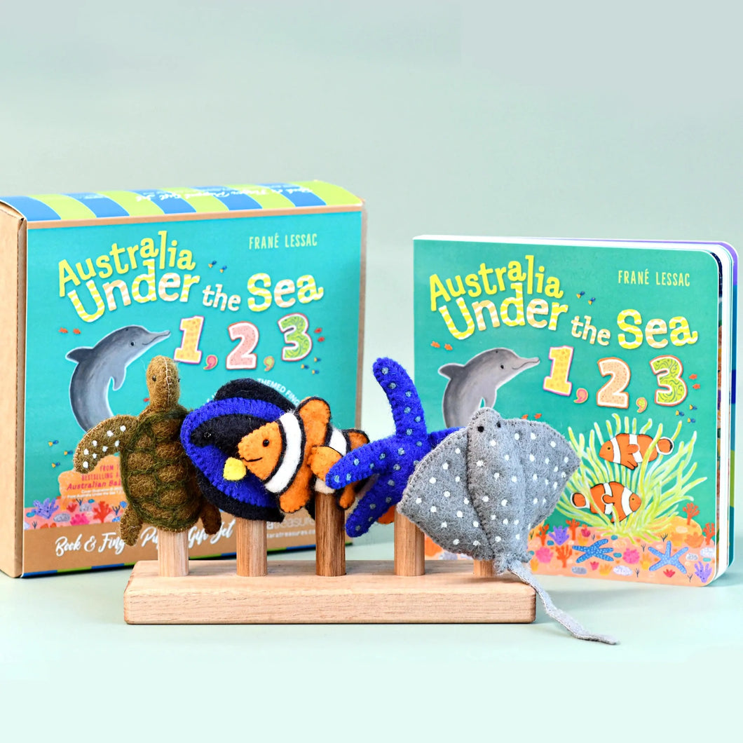 Tara Treasures Australia Under the Sea 1, 2, 3 by Frané Lessac Book and Finger Puppet Set