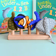 Load image into Gallery viewer, Tara Treasures Australia Under the Sea 1, 2, 3 by Frané Lessac Book and Finger Puppet Set
